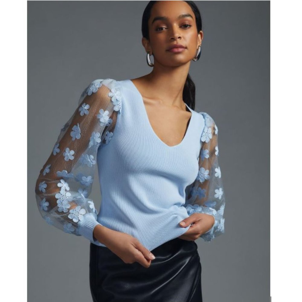 Anthropologie DOLAN Sky Sheer-Sleeve Applique Sweater – Size X-Small - NWT